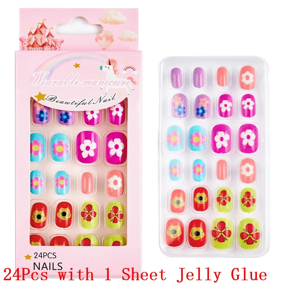 12pcs Cute Kids Dress-Up Fake Nail Girls Press on Nails Princess Pretend Play Toy Nail Tips Self-adhesive Children False Nails *