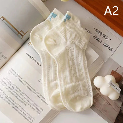 New Design Heel Bow Women Short Socks Lolita Kawaii Summer Thin Breathable Hollow Out Low Tube Sock Ins Trend White Cotton Socks