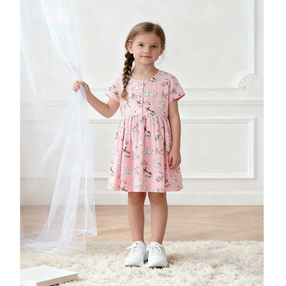 3-8T Summer Girls Dresses Rabbits Printed Buttons Short Sleeve Party Birthday Frocks Children's Costume Baby Dresses