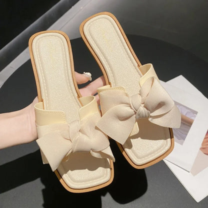 Summer New Women's Slippers Casual Butterfly Knot Low Heel Sandals Beach Outdoor Wear Comfortable Flat Shoes Sweet Style