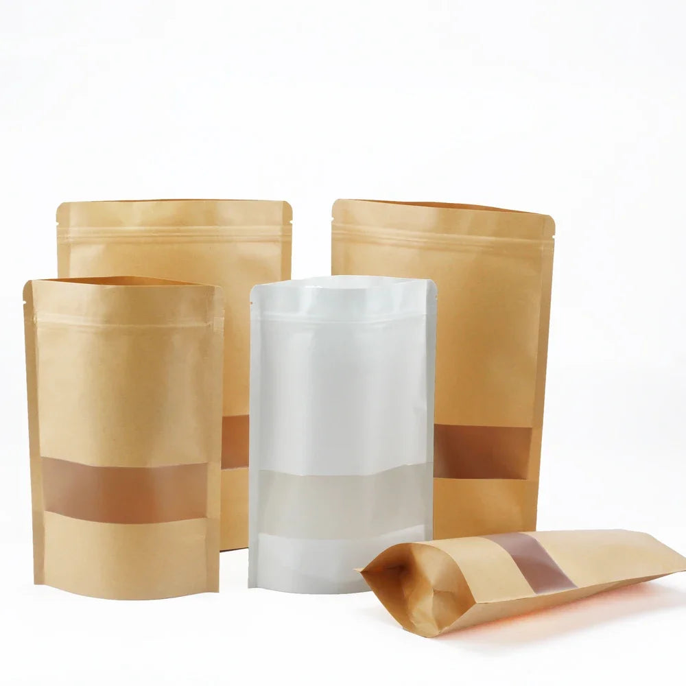 20/50pcs Kraft Paper Zip Lock Bags with Clear Window Reusable Packing Stand Up Gift Dried Food Fruit Tea Self Sealing Pouches