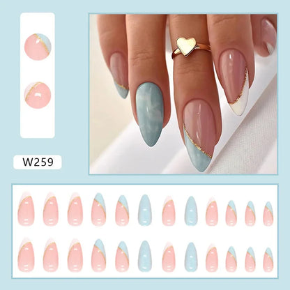Fresh Green Tea 24 Pcs Fake Nail with Jelly sticker Press on False Nails Wearable Round Head Oval Full Cover Nail Tips