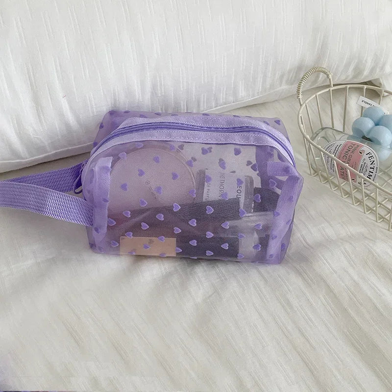 Women Cosmetic Storage Bag Travel Organizer Holder Purse Purple Heart Printed Nylon Mesh Make Up Bag Clear Cute Makeup Bag Pouch