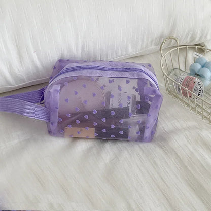 Women Cosmetic Storage Bag Travel Organizer Holder Purse Purple Heart Printed Nylon Mesh Make Up Bag Clear Cute Makeup Bag Pouch