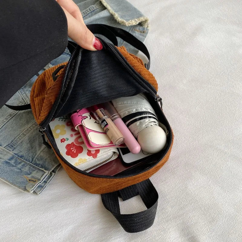 Women's Mini Backpack Fashion Solid Color Corduroy Small Simple Leisure Travel Large Capacity Durable  School Bag