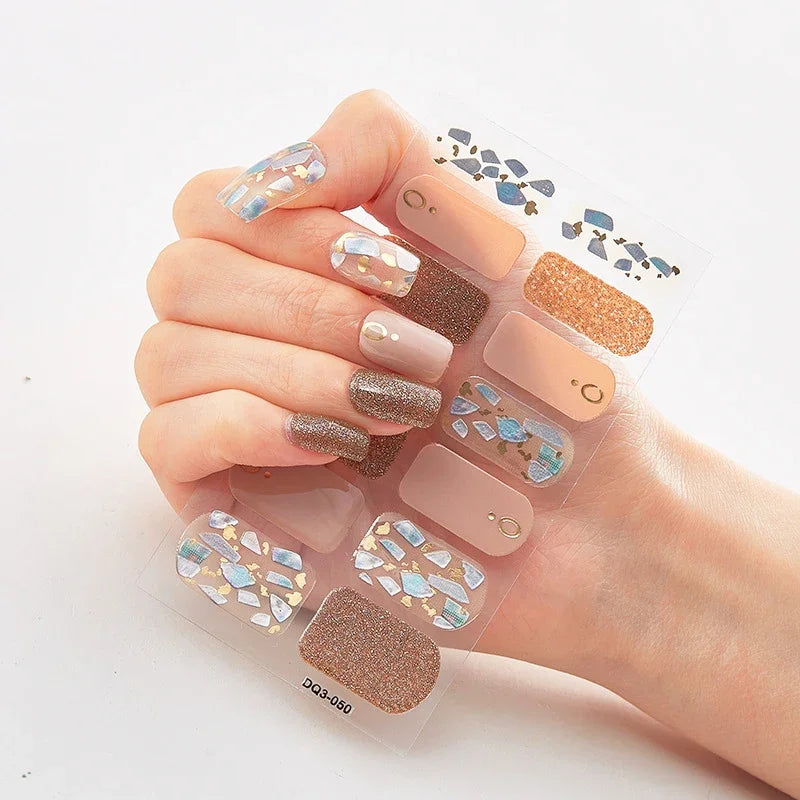 16Tips Nude Semi-Cured Gel Nail Wraps Sticker Long-Lasting UV LED Lamp French Nail Decal Full Cover Waterproof Semi-Cured Sticke