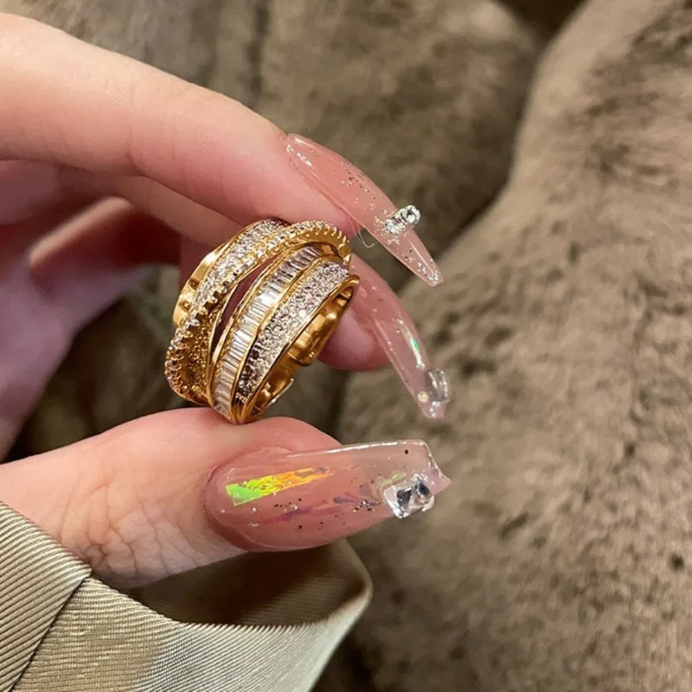 New Trendy Luxury Geometry Shiny Zircon Multi-layered Finger Gold Color Stainless Steel Couple Ring for Women Men Jewelry Gift