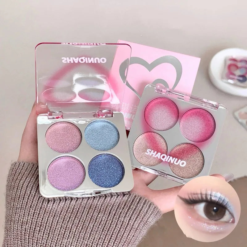 Eyeshadow Highlighter Palette, 4 Shade Galaxy Glitter & Matte, Icy Pink & Blue Shimmer Brightening Powder, Natural Silky Smooth