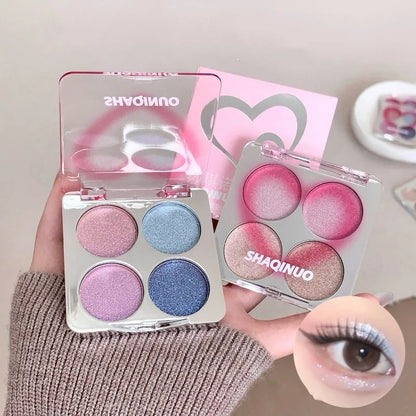 Eyeshadow Highlighter Palette, 4 Shade Galaxy Glitter & Matte, Icy Pink & Blue Shimmer Brightening Powder, Natural Silky Smooth