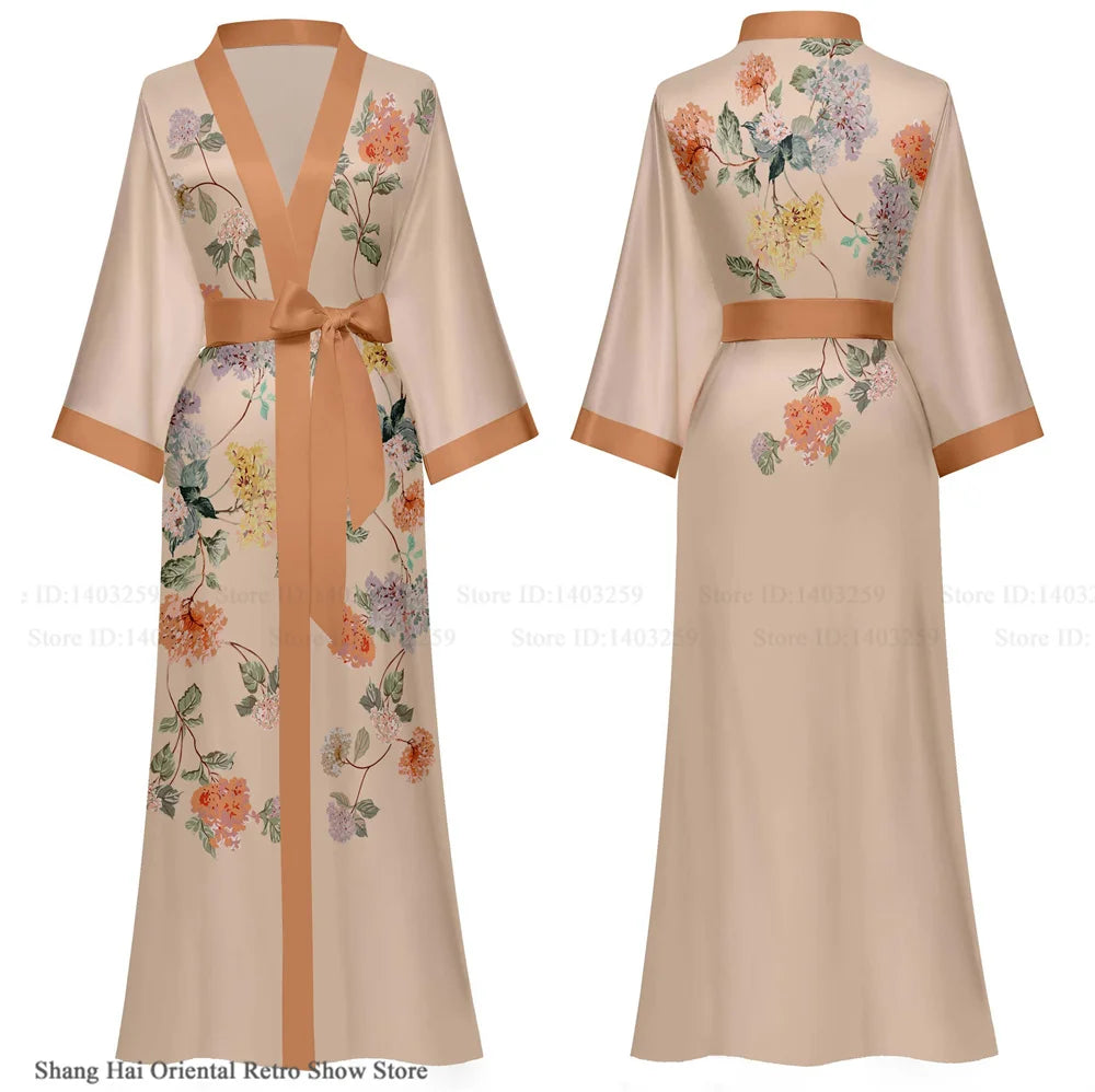 Elegant Print Flower Women Long Robe Loungewear Silky Satin Kimono Bathrobe Gown Spring Autumn New Sleepwear Home Dress Negligee