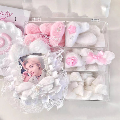 10Pcs Sweet Plush DIY Photocard Holder Handmade Material Korean Idol Photo Card Holder Lace Strips Cute Cartoon Ears Accessories