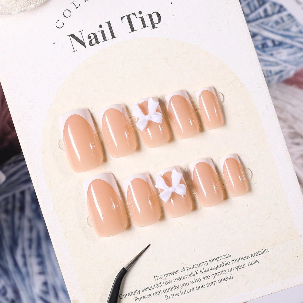 24Pcs White French Square Press on Nails with 3D Bowknot Full Cover Short False Nail Wearable Fake Fingertip for Women&Girls DIY