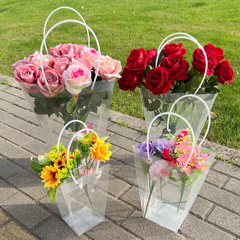 1pc Transparent Gifts Tote Bag Wedding Bouquet Flowers Packaging Bags Box For Florist Birthday Party Decor Xmas Valentines Gift