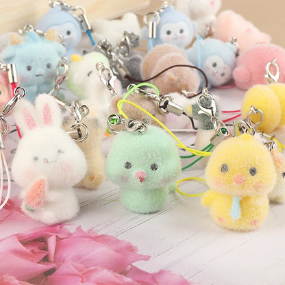 Cute Plush 3D Cat Keychain Creative Flocking Animal Pendant Bag Phone Lanyard Hanging Keycord Charm Keychain DIY Accessories