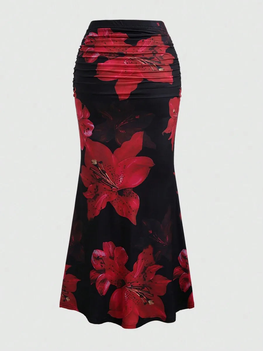 Women's Pleated A-Line Skirt Vintage Flower Printed Ruched Bodycon Skirts Summer Leisure Vacation Long Skirt