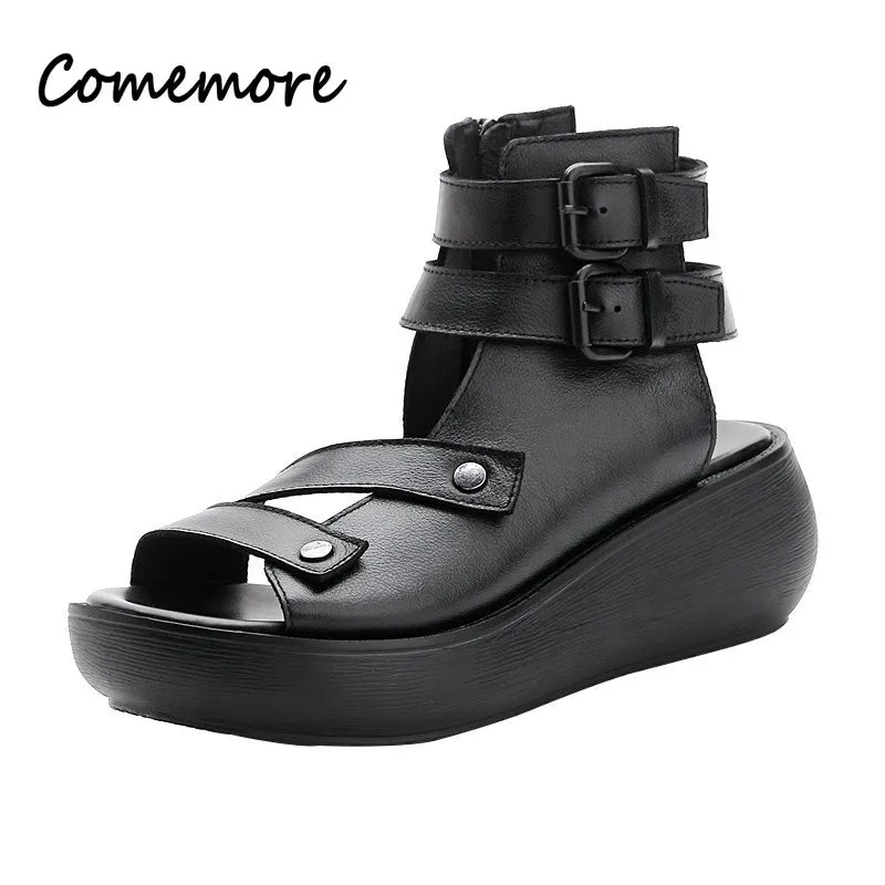 Women's Sandals Summer 2024 Mid Heeled Wedges Shoes for Women Retro Leather Gladiator Sandals Platform Rome Sandalias De Mujer