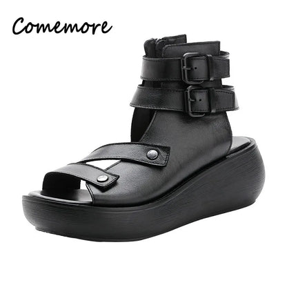 Women's Sandals Summer 2024 Mid Heeled Wedges Shoes for Women Retro Leather Gladiator Sandals Platform Rome Sandalias De Mujer