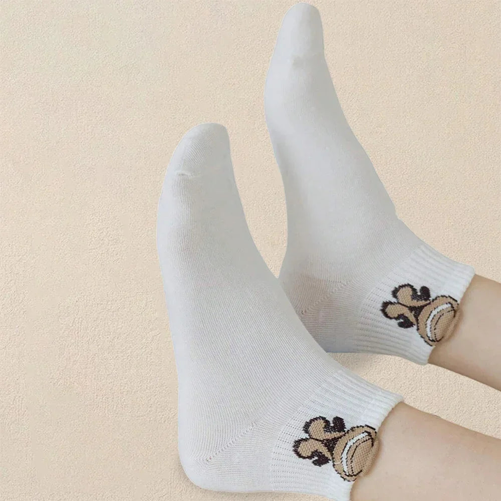 5 Pairs Women Cartoon Teddy Bear Patterned Ankle Socks Versatile Fashionable Creative Breathable Comfortable Casual Socks