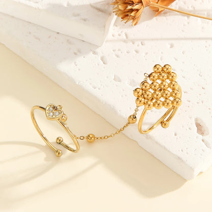 Letdiffery New Double-Finger Flower Rings for Women Stainless Steel Heart Butterly Zircon Charm Adjustable Open Rings Jewelry