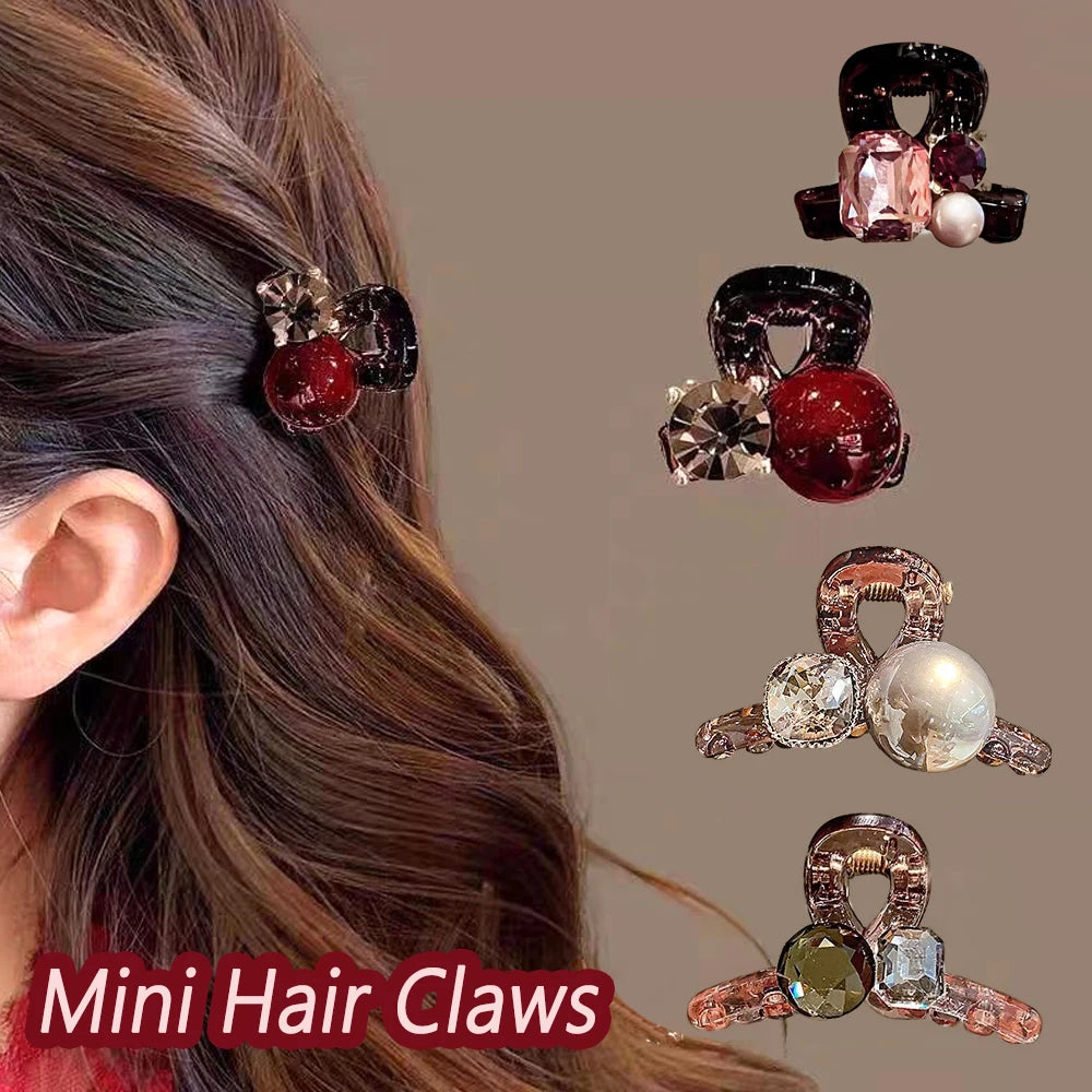 Luxury Rhinestone Pearl Hair Claws Mini Size Cross Shark Clip Women Girl Non Slip Plastic Side Barrettes Sweet Hair Accessories