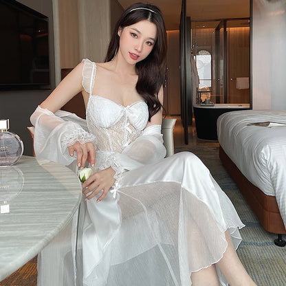 Sexy Long Wedding Twinset Robe Set Nightgown Patchwork Lace Suspender Nightdress Summer Bathrobe Gown Loose Silk Satin Homewear
