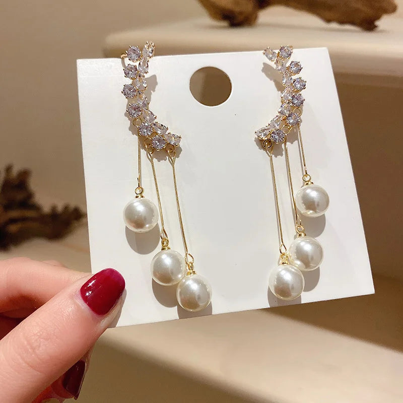 1Pair Korean Style Long Imitation Pearl Tassel Dangle Earrings For Women Trendy Full Crystal Fringe Drop Earring Vintage Jewelry