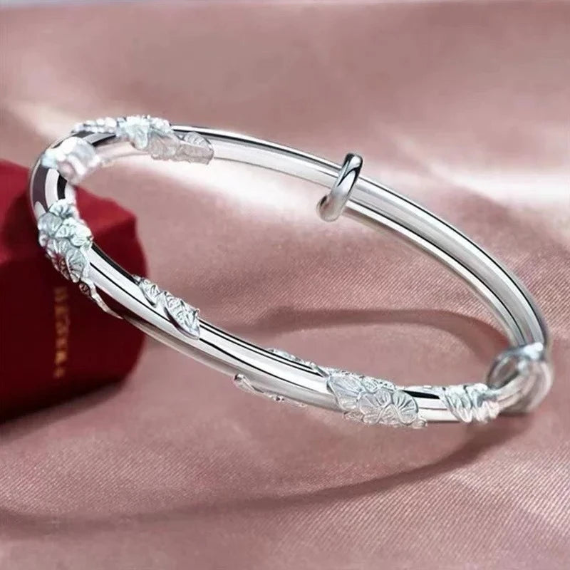 Silver Women's Full-blown Flowers Bracelet Delicate Open Adjustable Bracelet Solid Bracelets Fashion Jewelry Pulseras Hombre