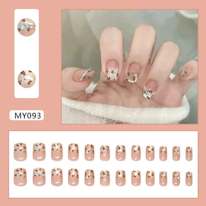 Caramel Flower 24 Pcs Press on Nails Pink Gradient Fake Nails Glossy Artificial Finger Manicure Reusable False Nails for Women