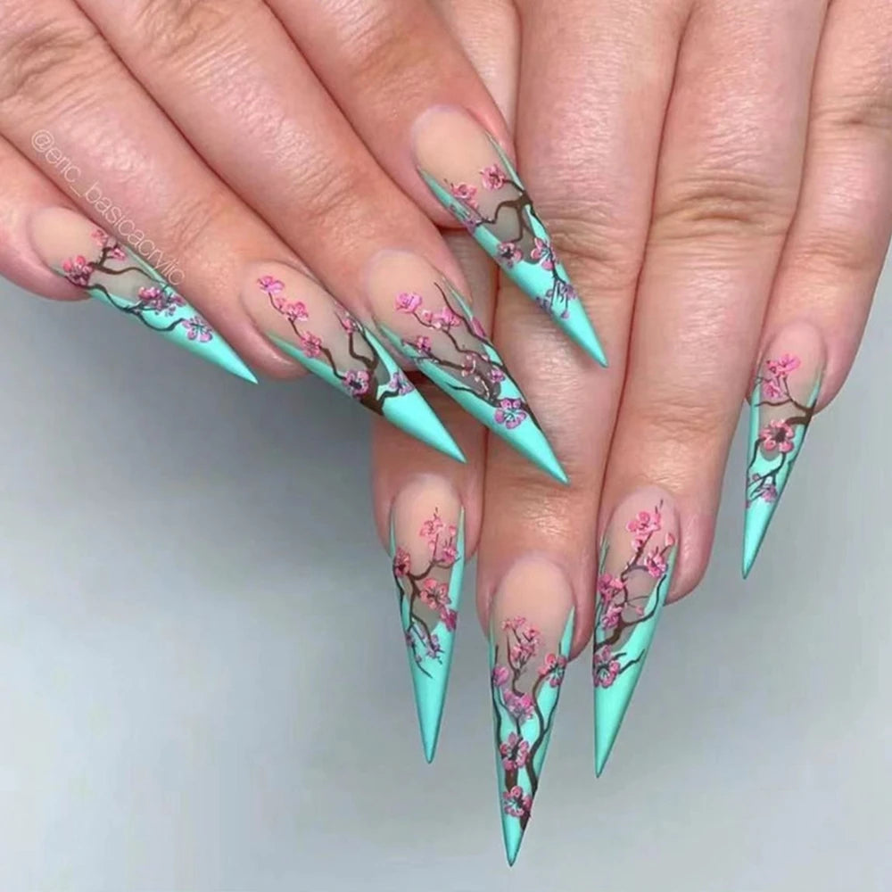 24pcs/set Long Stiletto Fake Nails Punk Snake Pattern Black White Matte False Nails Artificial Full Nail Tips Manicure Tools