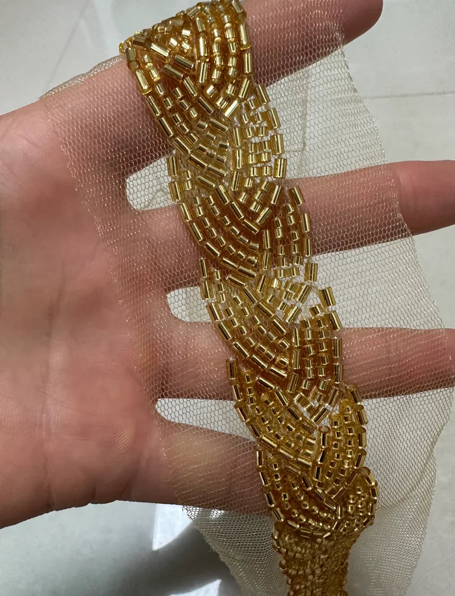 90cm Pearl Beaded Lace Trim Ribbon Garment Decoration Applique Trimming Gold Sequin Tape DIY Sewing Fabric Material Accessories