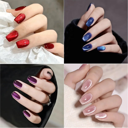 24Pcs Short Christmas Red Cat Eye False Nail Tips Glossy Simple Nude Cat Eye Design Press on nails New Year Wearable Fake Nails*