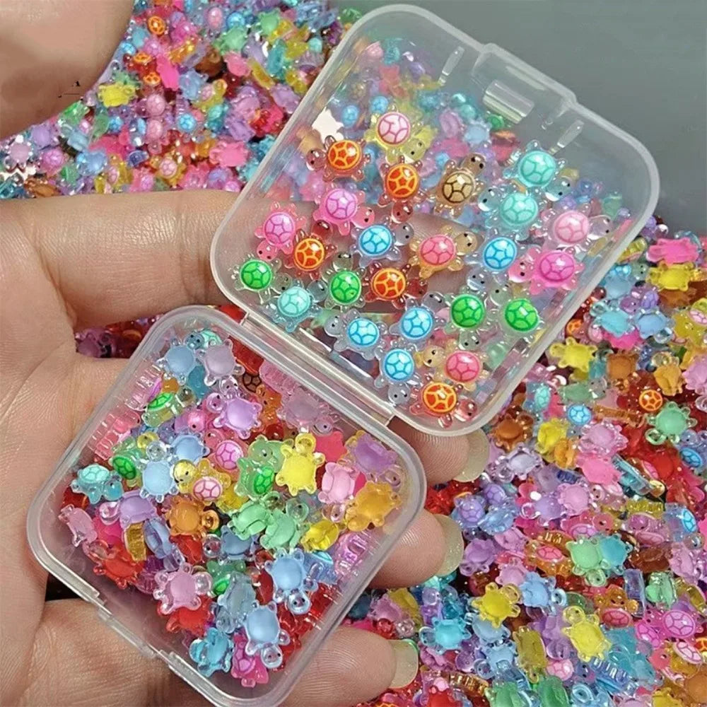100Pcs Cartoon 3D Luminous Turtle Night Glow DIY Miniature Figurines Dopamine Colored Mini Turtle Nail Charms