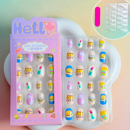 24PC/Box Children's Press On Nails With Jelly Glue Girl's Colorful Cartoon Full Cover Bear Bunny Cat Pattern Fake Nail FalseNail