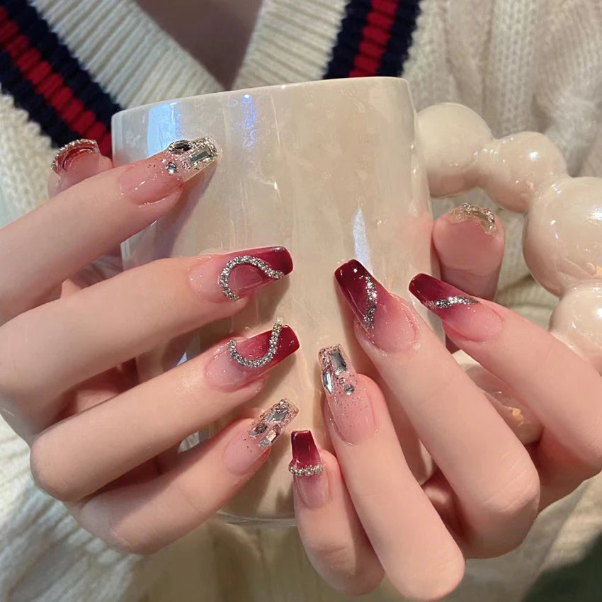 24Pcs/Set Pink Bow French Fake Nails Art Cute with Diamonds Girls Reusable Ballet Press on Nail Tips Oval Acrylic Stick on Nails