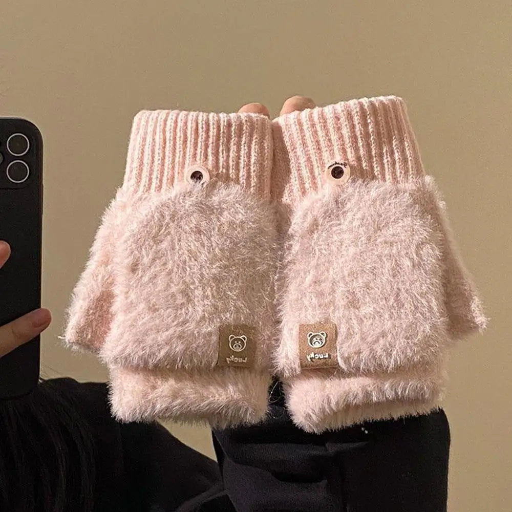 Winter Soft Fleece Half Finger Gloves Plush Knitted Fingerless Gloves Fuzzy Flexible flip Wrist Mittens Student Writting Gloves