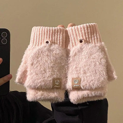 Winter Soft Fleece Half Finger Gloves Plush Knitted Fingerless Gloves Fuzzy Flexible flip Wrist Mittens Student Writting Gloves