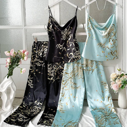 2Pcs Summer Sexy New Fashion Women's Pajamas Top Women Printed Backless Slip Dress Imitation Silk Loungewear Simple Sleepwear