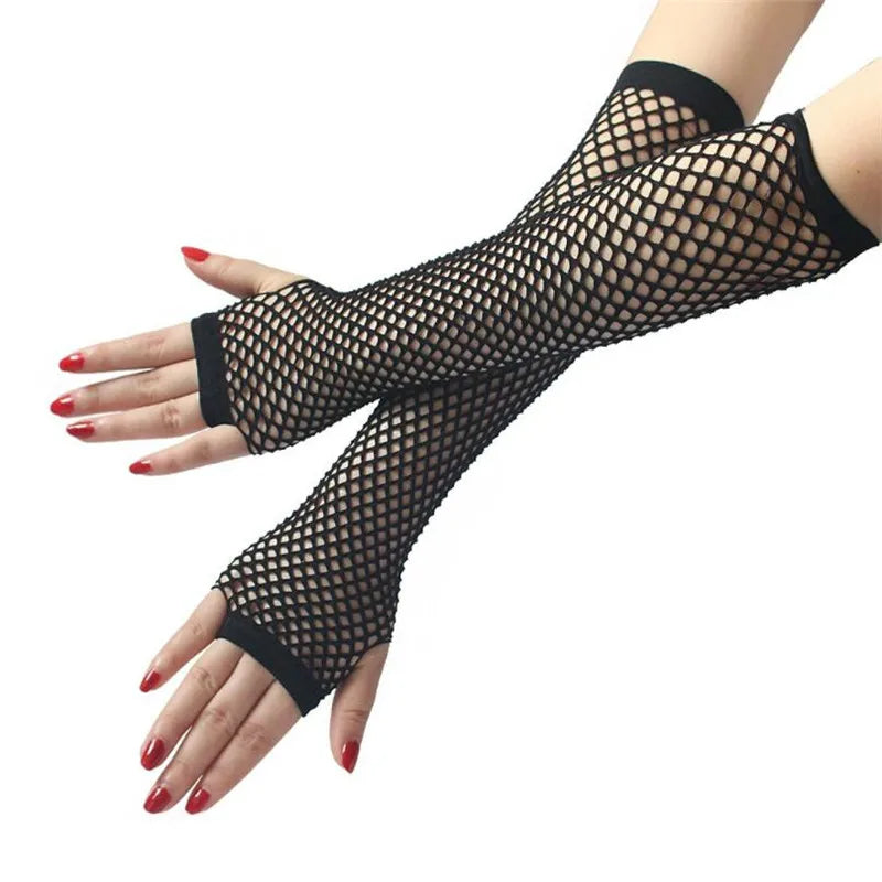 Stylish Long Black Fishnet Gloves Womens Fingerless Gloves Girls Dance Gothic Punk Rock Costume Fancy Gloves Summer Arm Warmer