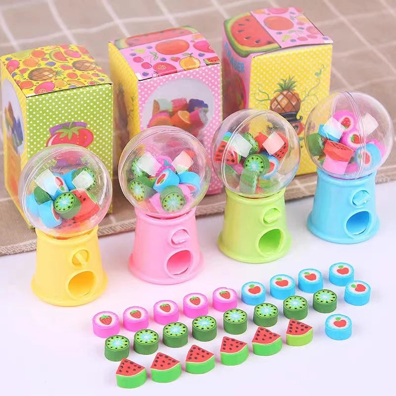Fun and Cute Mini Gashapon Machine Fruit Cartoon Erasers; Kawaii Children's Stationery and Office Supply Essentials