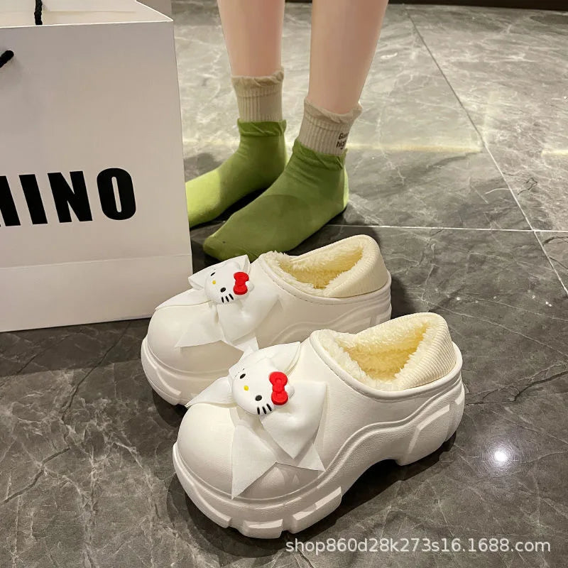 Women's Fairy Tale Style Thick Bottom Cotton Slippers Winter Waterproof Outdoor Cute Butterfly Knot Heel Fleece Lined Anti-sl...