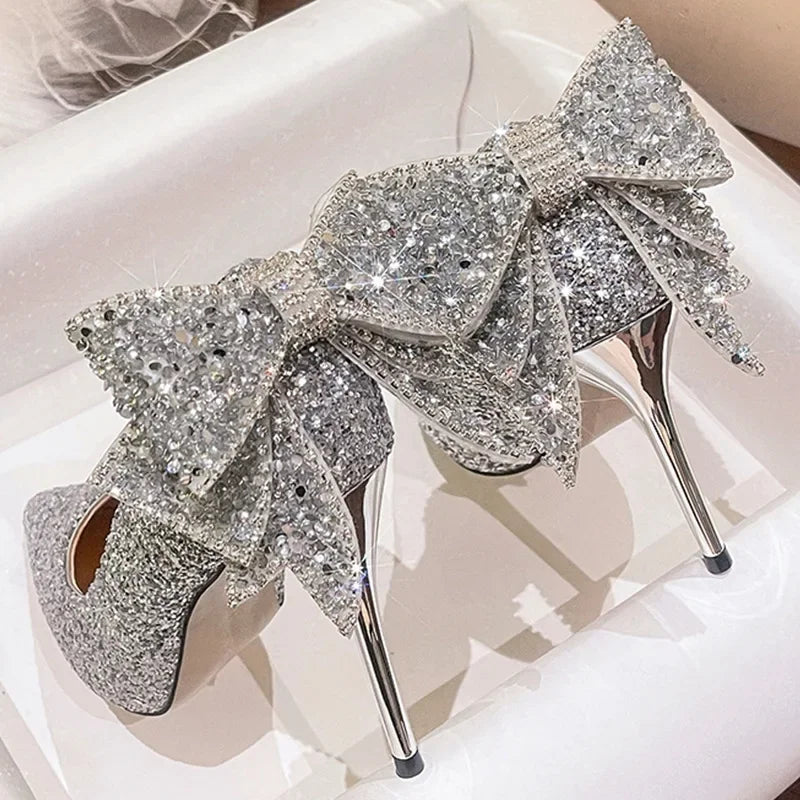 French Wedding Shoes Crystal Butterfly Knot Pointed Toe High Heels Sparkling Maids of Honor Single Shoes Spring Autumn New Style