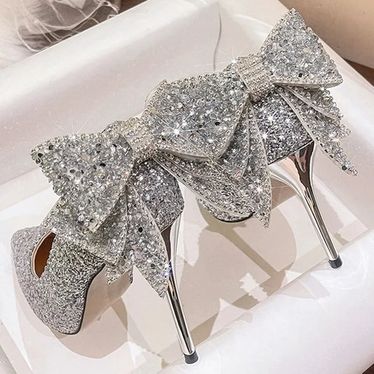 French Wedding Shoes Crystal Butterfly Knot Pointed Toe High Heels Sparkling Maids of Honor Single Shoes Spring Autumn New Style