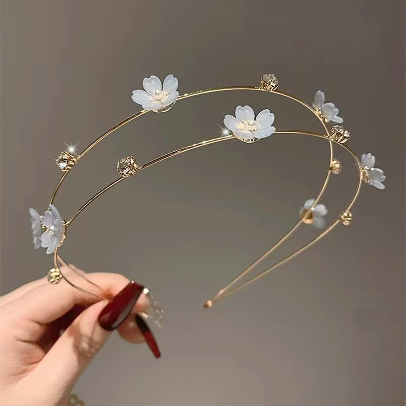 New Double Layer Metal Hairband Flower Pearl Headband for Women Headwear Shiny Rhinestone Hair Band Hoop Hair Accessories