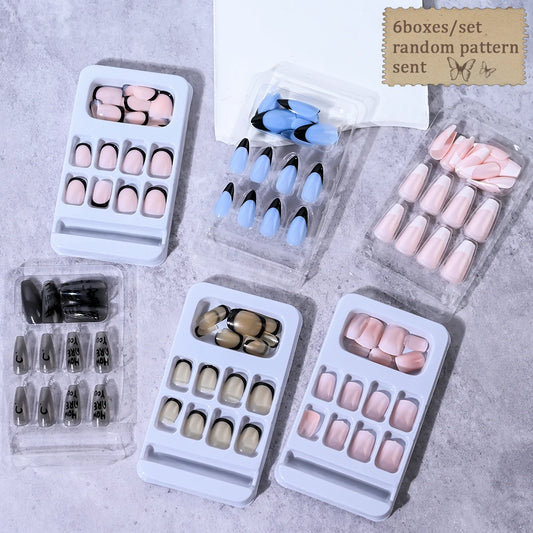 144pcs Random Pink French Fake Nails Set Mixed Short Square Medium Almond Design Press On Nails Glossy Nail Patch for Girl Women