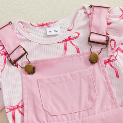 Fashion Baby Girl  Romper Overall Shorts 2 Pcs Set Infant Summer Bow Pattern Ruffled Crew Neck Short Sleeve Jumpsuits Clothes