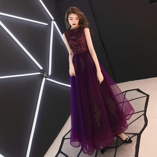 Luxury dark purple Fashion lady girl lady women prom performance bridesmaid dress princess party gown