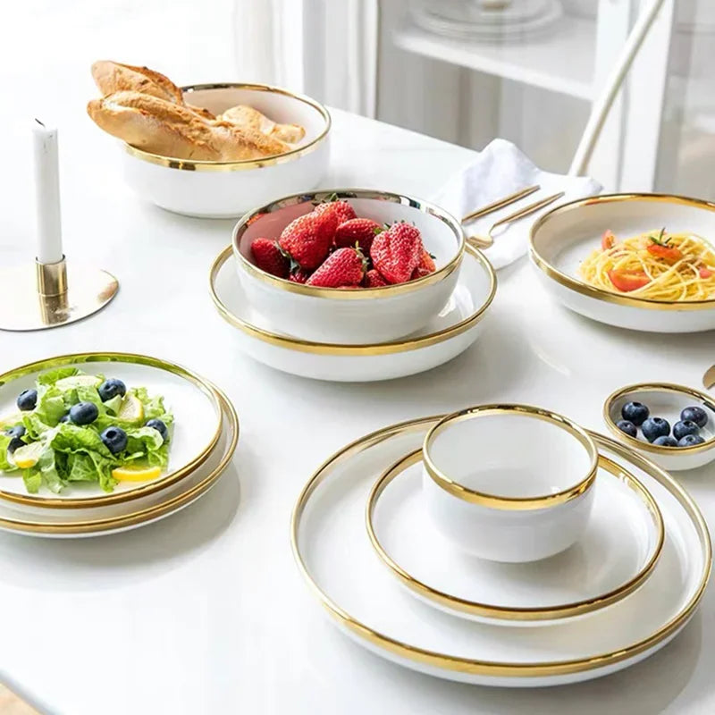 Ceramic Plates Bowls Gilt Rim White Porcelain Dinner Tray Kitchen Plates Ceramic Tableware Food Dishes Rice Salad Noodles Bowl