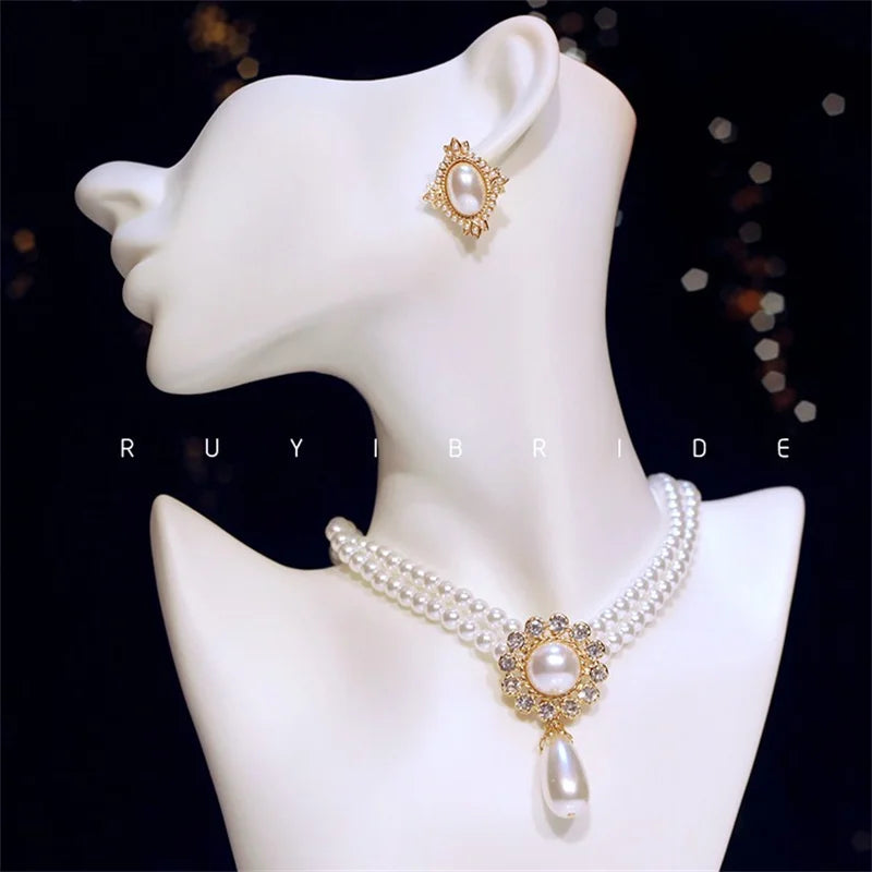 SHMIK Elegant Vintage Palace Full Pearl Pendant Necklace Chains Earrings For Women Lady Classic Exquisite Chorker Chains Jewelry