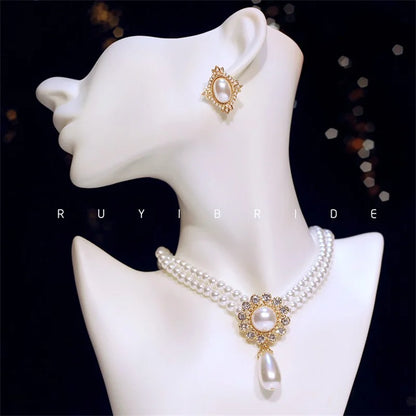 SHMIK Elegant Vintage Palace Full Pearl Pendant Necklace Chains Earrings For Women Lady Classic Exquisite Chorker Chains Jewelry