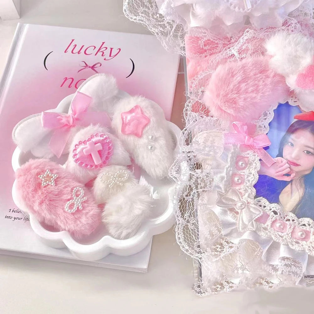 10Pcs Sweet Plush DIY Photocard Holder Handmade Material Korean Idol Photo Card Holder Lace Strips Cute Cartoon Ears Accessories